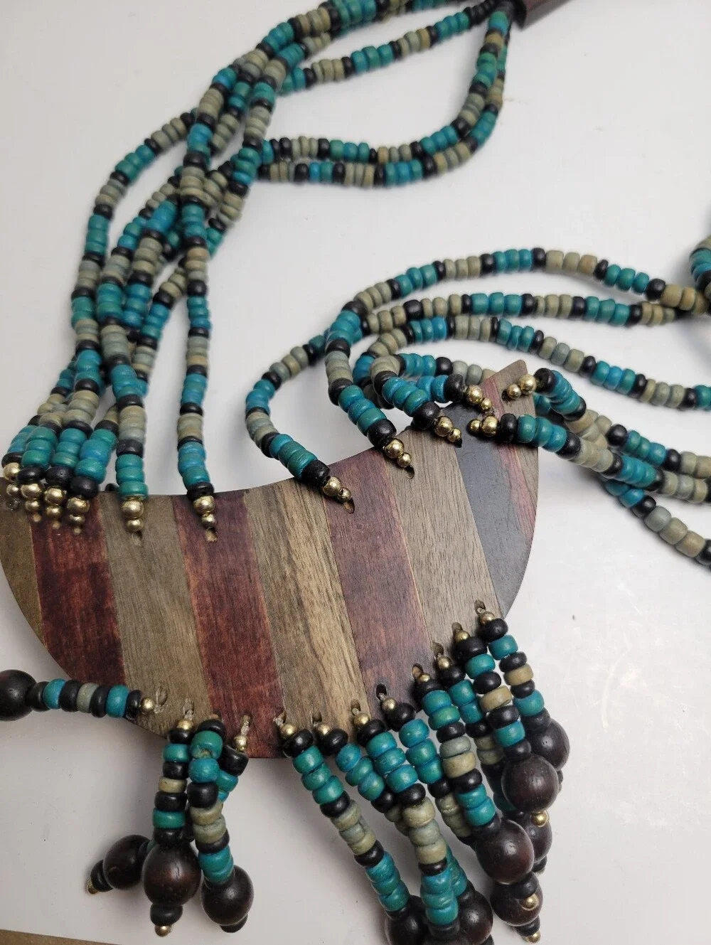 Vintage Tribal Wood Bead Fringe Statement Necklace